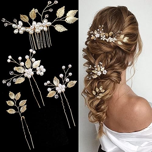 YHOME 4 Pcs Bridal Hair Pins - U Shaped Wedding Clips, Golden Pearl Hair Piece, Floral Accessories for Women Girls Hairstyles Jewelry