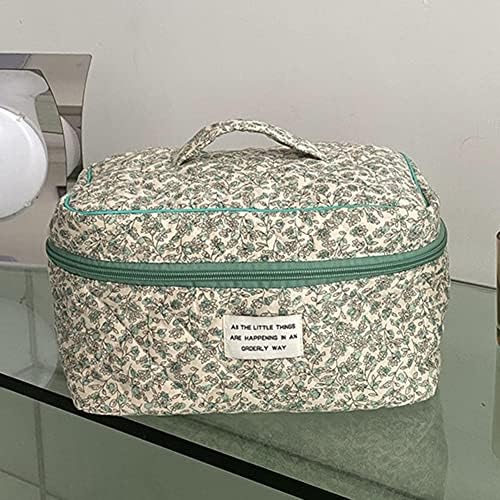 Juoxeepy Cotton Makeup Bag Large Travel Cosmetic Bag Quilted Cosmetic Pouch Coquette Aesthetic Floral Toiletry Bag, A-White, 10x5.9x5.3in