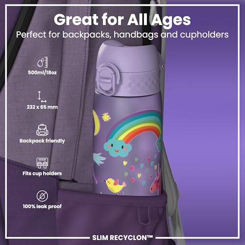 ION8 Water Bottle, 500ml/18oz, Slim Leak-proof & BPA-Free Drinking Bottle, Secure Lock Prevents Spills, Dishwasher Safe, Carry Handle, Ideal for Adults & Kids - Travel, Gym & School, Purple, Unicorns