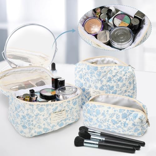 HomeChi Makeup Bag Organizer, 3 PCS Large Capacity Cosmetic Bag with Handle - Portable Toiletry Organizer for Brushes, Skincare Products, and Makeup Tools - Beauty Storage Bag for Home and Travel