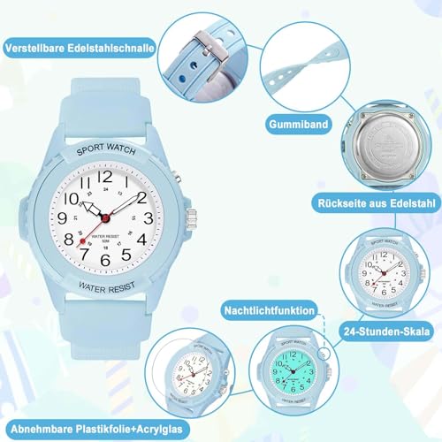 Wisfunlly Kids Analog Watch for Boys Girls, Waterproof Time Teaching Watch with Night Light, Teenager Children Watches Easy to Read and Learning Time for Children 6-18