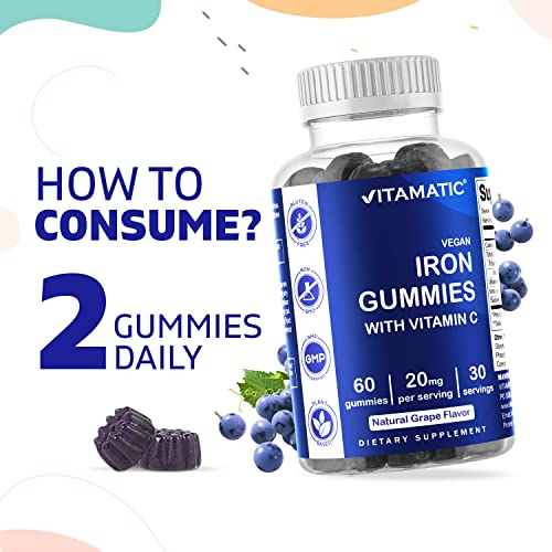 Vitamatic Iron Gummies Supplement for Women & Men - 20mg Serving - 60 Vegan Gummies - Great Tasting Iron Gummy Vitamins with Vitamin C (60 Count (Pack of 1))