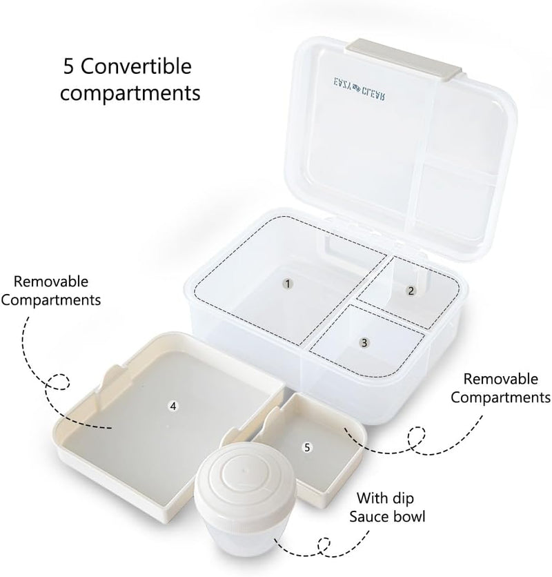 3/4/5 Compartment Convertible 1650ml Bento Lunch Box with 150ml Gravy Bowl - Grey