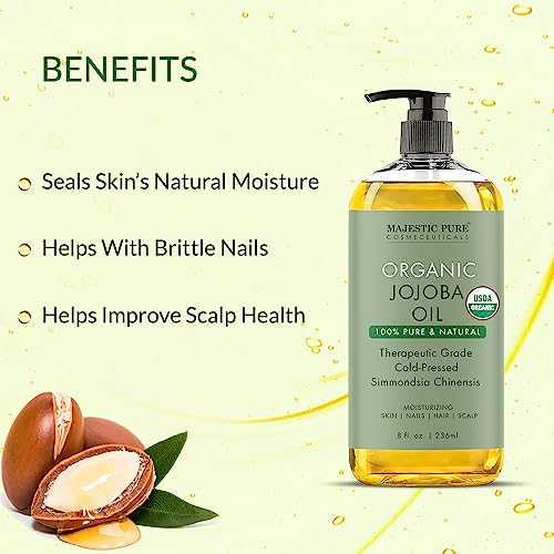 Majestic Pure Organic Jojoba Oil - Large 236 ML | 100% Pure and Natural, Cold-Pressed | Moisturizing for Skin Care, Massage, Hair Care, and to Dilute Essential Oils