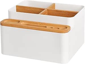 Bamboo Desk Organiser Storage Box,  Multi-purpose Office Desktop Tidy Holder Pen Scissor Phone Notebook Glasses Remote Control Makeup Brush Container for Home Office