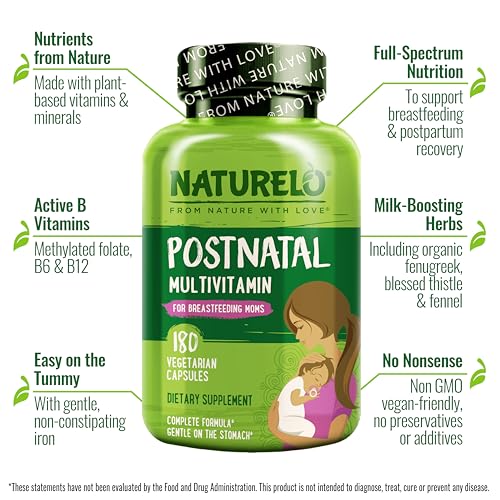 NATURELO Postnatal Multivitamin - Supplement for Breastfeeding Women - Plant-Based Vitamin D, Folate, Gentle Iron - for Nursing Mother, Baby - Post Natal Lactation Support - 180 Vegetarian Capsules