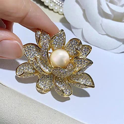 Kokoma Lotus Flower Brooch Pin for Women Girls Gold Plated Rhinestone CZ Pearl Floral Lapel Pins Corsage Badge Brooches Scarf Clip Pins for Cloth Dress Accessories Decoration, Gemstone, cubic zirconia