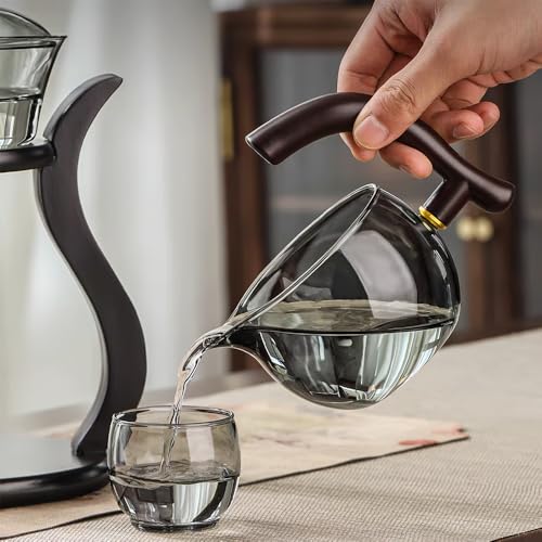 CUNHUY Lazy Kungfu Drip TeaPot, Heat Resistant Tea Set, Semi-Automatic Glass Teapot Suit for Magnetic Water Flow Wooden Glass Teapot Set (Wooden handle+glass body)