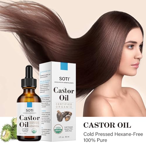 Castor Oil (2oz), USDA Certified Organic, 100% Pure, Cold Pressed, Hexane Free by Soti. Stimulate Growth for Eyelashes, Eyebrows, Hair, Skin Moisturizer