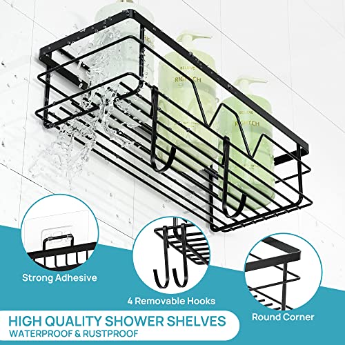 Vtopmart 5 Pack Shower Caddy Shelves Organizer with 4 Hooks, Stainless Steel Bathroom Self Adhesive Rack Storage Shelf for Inside Shower, Wall Organization, Black