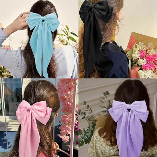 6PCS Silky Satin Hair Bows for Women, Large Soft Bow Hair Clips with French Barrette, Elegant Hairpin Accessories for Girls, 6 Colors