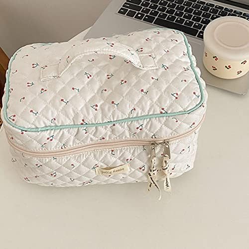 Juoxeepy Cotton Makeup Bag Large Travel Cosmetic Bag Quilted Cosmetic Pouch Coquette Aesthetic Floral Toiletry Bag, A-White, 10x5.9x5.3in