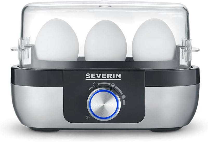 SEVERIN Egg cooker for 3 eggs with electronic control of cooking time, incl. measuring cup with egg pastes, egg cooker for ideal hardness, stainless steel brushed/black, 300 W, EK 3163