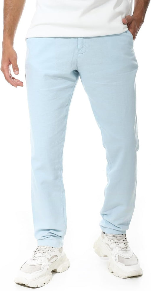 Mens Linen Regular Fit Fly Zipper Button Pants - Baby Blue