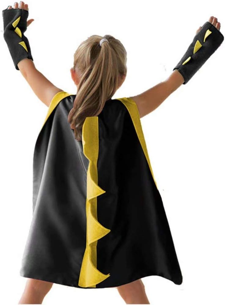 Dinosaur Dragon Cape and Gauntlets Halloween Costume Boy Girl Toddler Dress Up Clothes 3-8 Years Old - Black