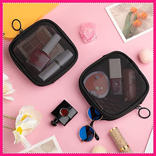 4 Pcs Mesh Makeup Bag Mesh Zipper Pouch Mini Portable Keychain Pouch Cosmetic Coin Purse Small Pouch Small Purse Organizer Travel Case for Toiletries Women Accessories Beauty Sponge Holder, Black