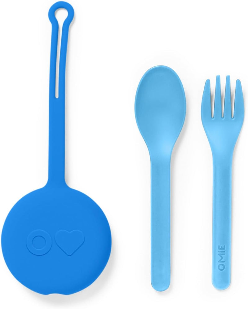 OmieBox Kids Utensils Set with Case - 2 Piece Plastic, Reusable Fork and Spoon Silverware with Pod for Kids (Mint Green) - Capri Blue