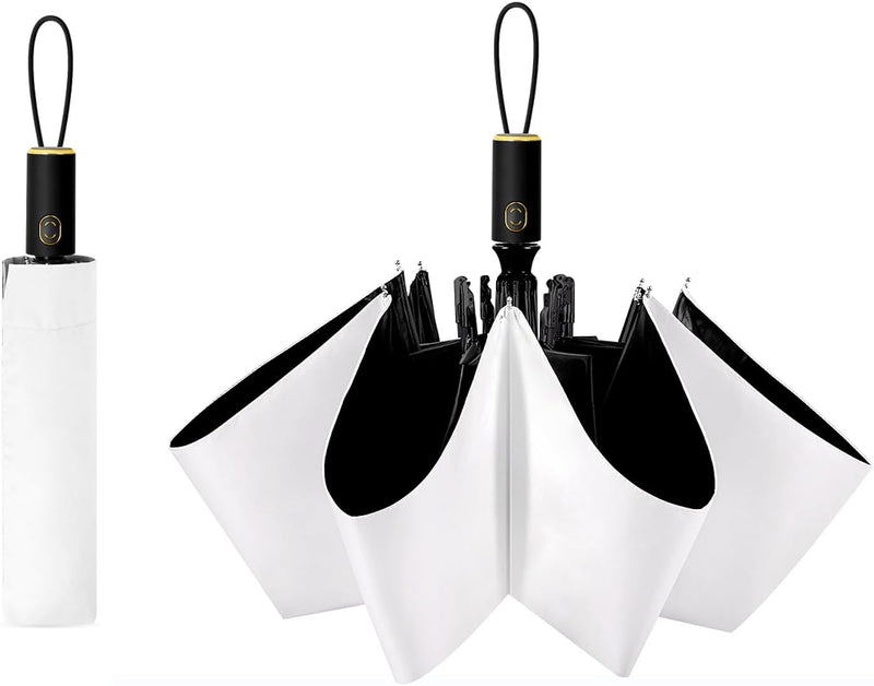 UV Sun Umbrella Compact Folding Travel Umbrella Auto Open and Close for Windproof, Rainproof & 99% UV Protection Parasol with Black Anti-UV Coating - White