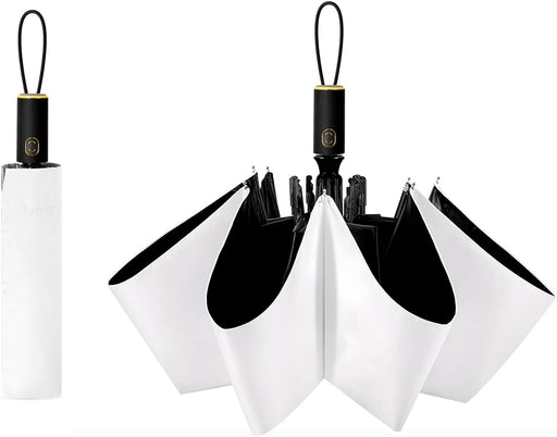 UV Sun Umbrella Compact Folding Travel Umbrella Auto Open and Close for Windproof, Rainproof & 99% UV Protection Parasol with Black Anti-UV Coating - White