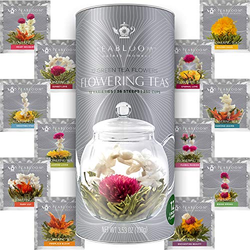 Teabloom Complete Tea Set - Stovetop Safe Glass Teapot with 12 Flowering Teas, Tea Warmer, 4 Double Wall Teacups & Removable Glass Infuser for Loose Leaf Tea - Celebration Flowering Tea Gift Set