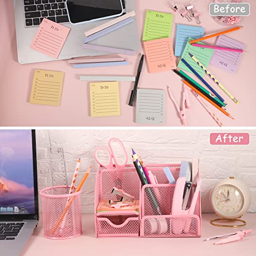 9 in 1 Pink Desk Organizers and Accessories Set, Pink Gifts Mesh Desk Organizer with Pink Stapler Pen Holder 1000 Staples Scissors Ruler Staple Remover Office Supplies Set Office Gift for Coworkers