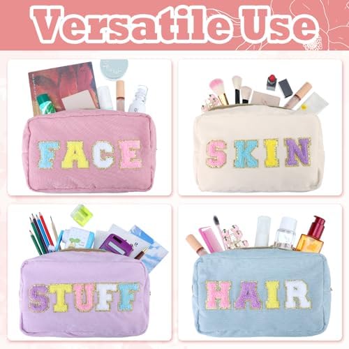 Pinkunn 4 Pcs Preppy Makeup Bags Christmas Chenille Letter Bag Face Skin Hair Stuff Cosmetic Bag Corduroy Makeup Pouch with Zipper Birthday Gifts for Women(Purple, Pink, White, Blue,Corduroy)