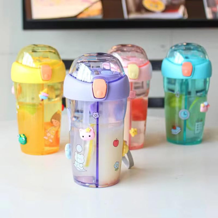 Nova Vibes Juice/Water Bottle For Kids, Double- sided Compartments 430 ml with 3D stickers and shouder- Neck Strap (Purple)