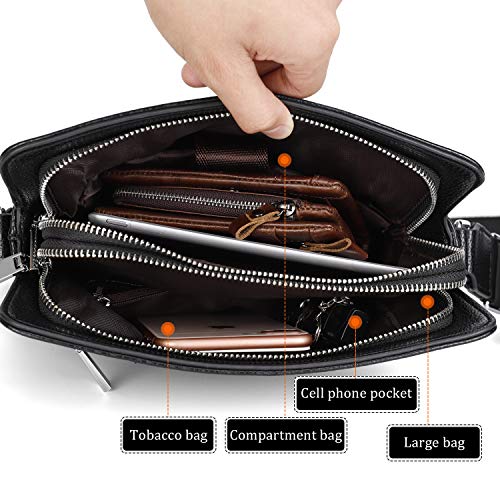 YumSur Mens Shoulder Bag, Genuine Leather Messenger Handbag Crossbody Bag for Men Purse iPad Bag for Business Office Work School with Adjustable Strap Black, Black, One Size