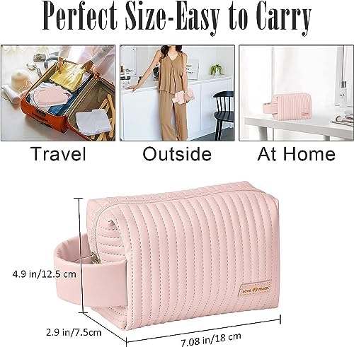 Small Makeup Bag, PU Striped Leather Cosmetic Bag, Portable Travel Makeup Pouch,Waterproof Cosmetic Pouch with Handle,Cute Makeup Bags for Women and Girls (Blue)