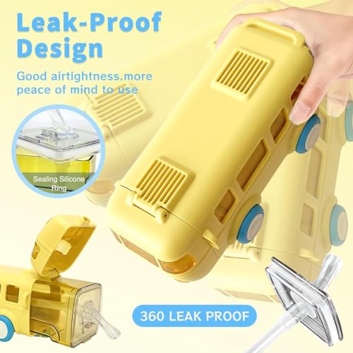 ALMEKAQUZ Bus Water Bottle for Kids,16.9oz/500ml Car Water Cup with Straw and Strap,Leakproof Plastic Drinking Jug with Movable Wheels for Boys School Sports Camping Picnic Hiking Travel Gift - Yellow