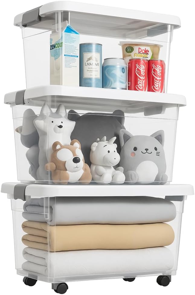 XV Plastic Storage Box Set with with Lockable Lid (Medium+Large+XL),Stackable Containers,Transparent Boxes Storing Clothes, Tools, Office Supplies (3-Pack Storage Bins Transparent, Gray) - White 3-Pack Storage Bins – Transparent