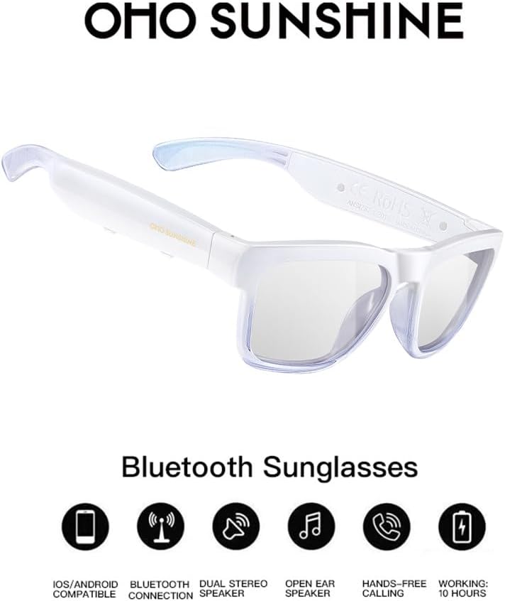 OhO sunshine OhO Bluetooth Sunglasses,Voice Control and Open Ear Style Smart Glasses Listen Music and Calls with Volume UP and Down,Bluetooth 5.0 Audio Glasses and IP44 Waterproof, unisex-adult