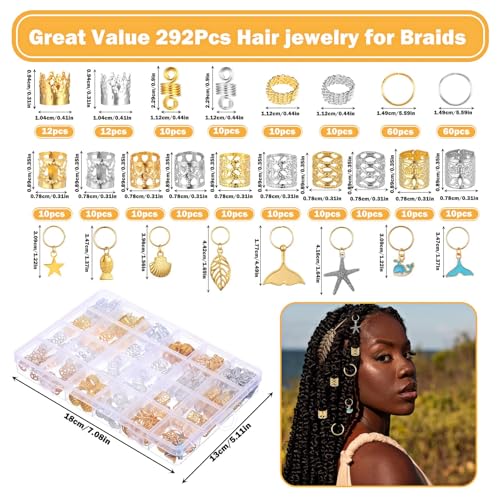 JINXXTTA 292Pcs Ramadan Hair Accessories for Braids, Gold Hair Charms, Metal Hair Clips & Rings, Braid Clips for Women, Girls, Boys & Men