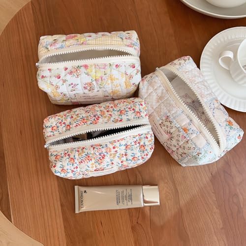 Sminra Floral Makeup Bag Large Cotton Quilted Cosmetic Makeup Bag Organizer, Aesthetic Portable Pouch Purse Toiletry Bag for Women Girls Travel accessories(Blue Floral-L)