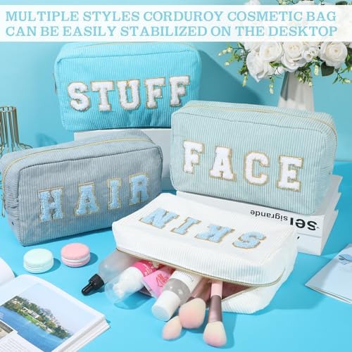 Pinkunn 4 Pcs Preppy Makeup Bags Christmas Chenille Letter Bag Face Skin Hair Stuff Cosmetic Bag Corduroy Makeup Pouch with Zipper Birthday Gifts for Women(Purple, Pink, White, Blue,Corduroy)