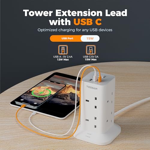 TESSAN Tower Extension Lead with USB C Slots, 8 Way Multi Plug Extension Sockets 2M Cord, Surge Protected Extension Lead with Switch, Multi Extension Plug Tower Power Strip for Home, School Supplies