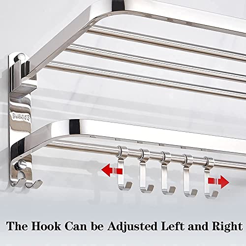 AUTOYSUR Bathroom Towel Rack, Towel Shelf with Two-Tier Architecture, Folding Towel Bars Wall Mount Holder, 5 Removable Hooks and Adjustable Towel Bar, Toilet Bathroom Bath Towel Cleaning Tools Holder