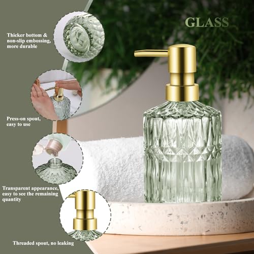 Topsky Green Bathroom Accessory Set, Glass Bathroom Decor Countertop Organizer,5Pcs Bathroom Accessories with Lotion Dispenser(Cylindrical), Soap Dish, Toothbrush Holder, Tumbler, Cotton Swab Jars