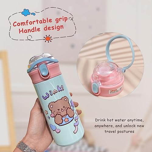 OneAndes 500ml Kids Water Bottle with One-Click-Open Straw Lid 17oz, Vacuum Insulated 304 Stainless Steel Water Bottles for School, Leakproof Toddler Water Bottle, BPA Free Sweat & Leak-Proof