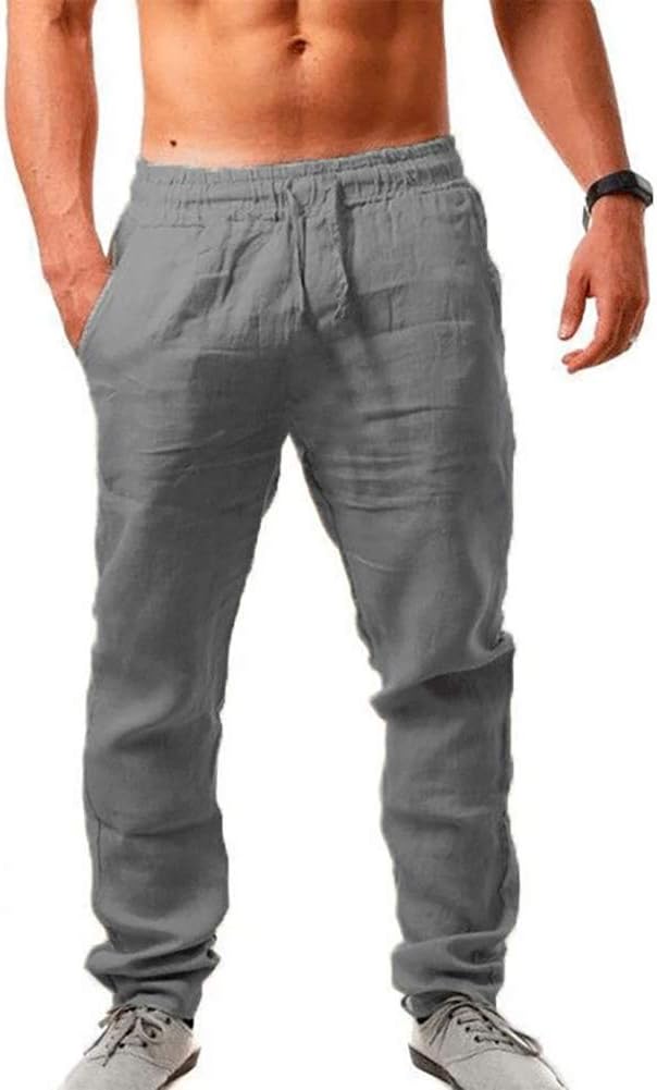 Men's Linen Pants Casual Long Pants - Loose Lightweight Drawstring Yoga Beach Trousers Casual Trousers - 6 Colors - grey