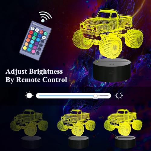 NALACAL Monster Truck 3D Illusion Night Light - Remote-Controlled 16 Color LED Lamp with Timer & Dimmer - Ideal Gift for Kids and Truck Enthusiasts for Christmas and Birthdays