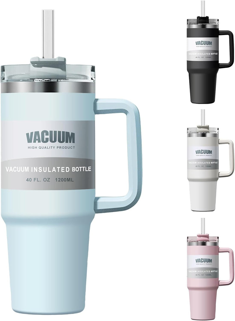 YHKEMA 40oz Stainless Steel Tumbler with Handle & Straw - Double Walled Insulated Travel Mug, Tritan Lid Coffee Cup for Hot/Iced Drinks, Office Gym Water Bottle (1200ml) (Light Blue)