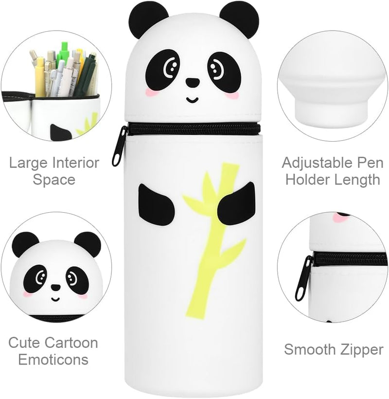 BIGTHREE Silicone Telescopic Pencil Case, 2-in-1 Soft Silicone Pencil Case, Cute Pattern Pencil Case, Stand Pen Holder Pouch, with Zipper, Retractable Kawaii Big Capacity for Teenage (Panda)