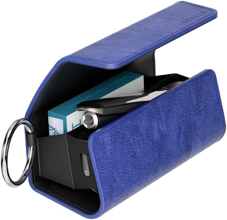 Levelo Neo Leather Case Compatible with IQOS Iluma 2023 with Terra Cigarette Compartment, Compatible with All IQOS Series, Water, Impact, Dust Resistant, Built-In Ring, Built-In Two Pockets - Blue