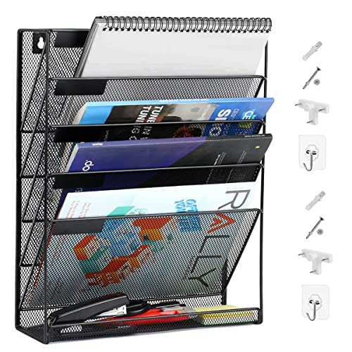 Wall File Organizer 5 Tier Metal Mesh Wall File Holder, Vertical Magazine Rack with Bottom Flat Tray Pockets Nametag Label, Office Hanging Folder Paper Document Storage Mail Sorter Bin for Home School