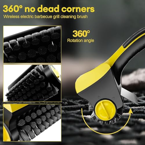 Angju Cordless Rechargeable Grill Brush, 360° Rotating Cleaner Brush, Cordless Electric Grill Cleaning Scrub Brush with Two Different Brushes for Grill, Kitchen Room, Bathroom