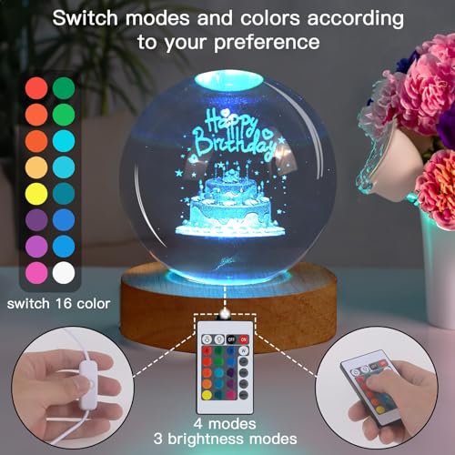 NALACAL Birthday Gifts for Girls and Boys, 3D Crystal Ball Night Light, Birthday Decoration, 16 Colors 4 Modes, Remote Control LED Night Light Unique Birthday Gifts for Men Women