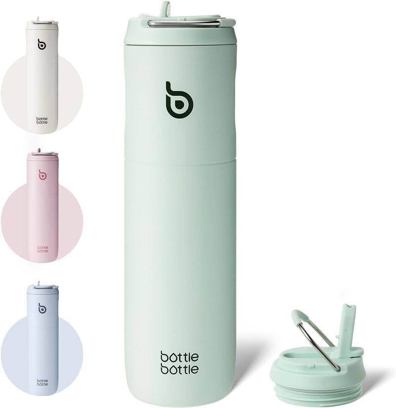 Insulated Water Bottle 24oz with Straw Lid and Handle for Sports Travel Gym Stainless Steel Water Bottles Double-Wall Vacuum Metal Bottles Leak Proof BPA-Free (baby blue) - baby green