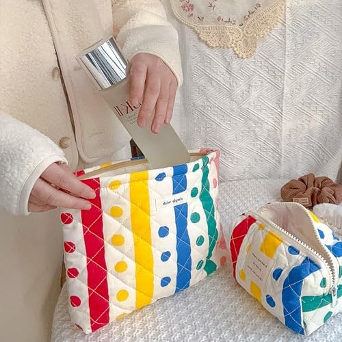 Sminra Floral Makeup Bag Large Cotton Quilted Cosmetic Makeup Bag Organizer, Aesthetic Portable Pouch Purse Toiletry Bag for Women Girls Travel accessories(Blue Floral-L)