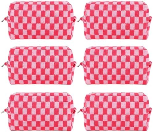 ZLFSRQ 3Pcs Checkered Makeup Bag for Women Large Cosmetic Bag Set Travel Toiletry Bag Makeup Pouch Bag for Purse Pink Zipper Storage Bag Organizer Cute Small Aesthetic Girls Car Essentials Bag